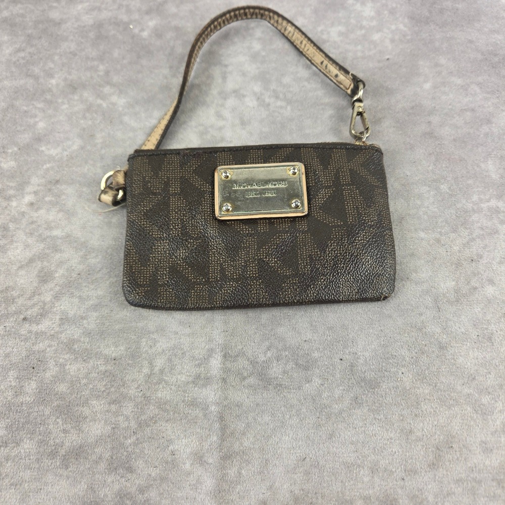 Michael Kors Brown Monogram Wristlet Pouch Gold Logo Plaque Small Bag